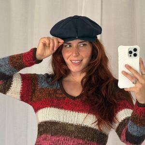 ✿ Vintage Newsboy Cap Wool Baker Boy Hat Navy Blue ✿